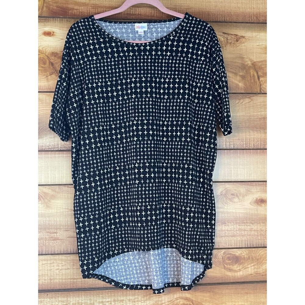 Lularoe Irma Small High Low Tunic Top Shirt Black White Cross Religious‎ Gothic